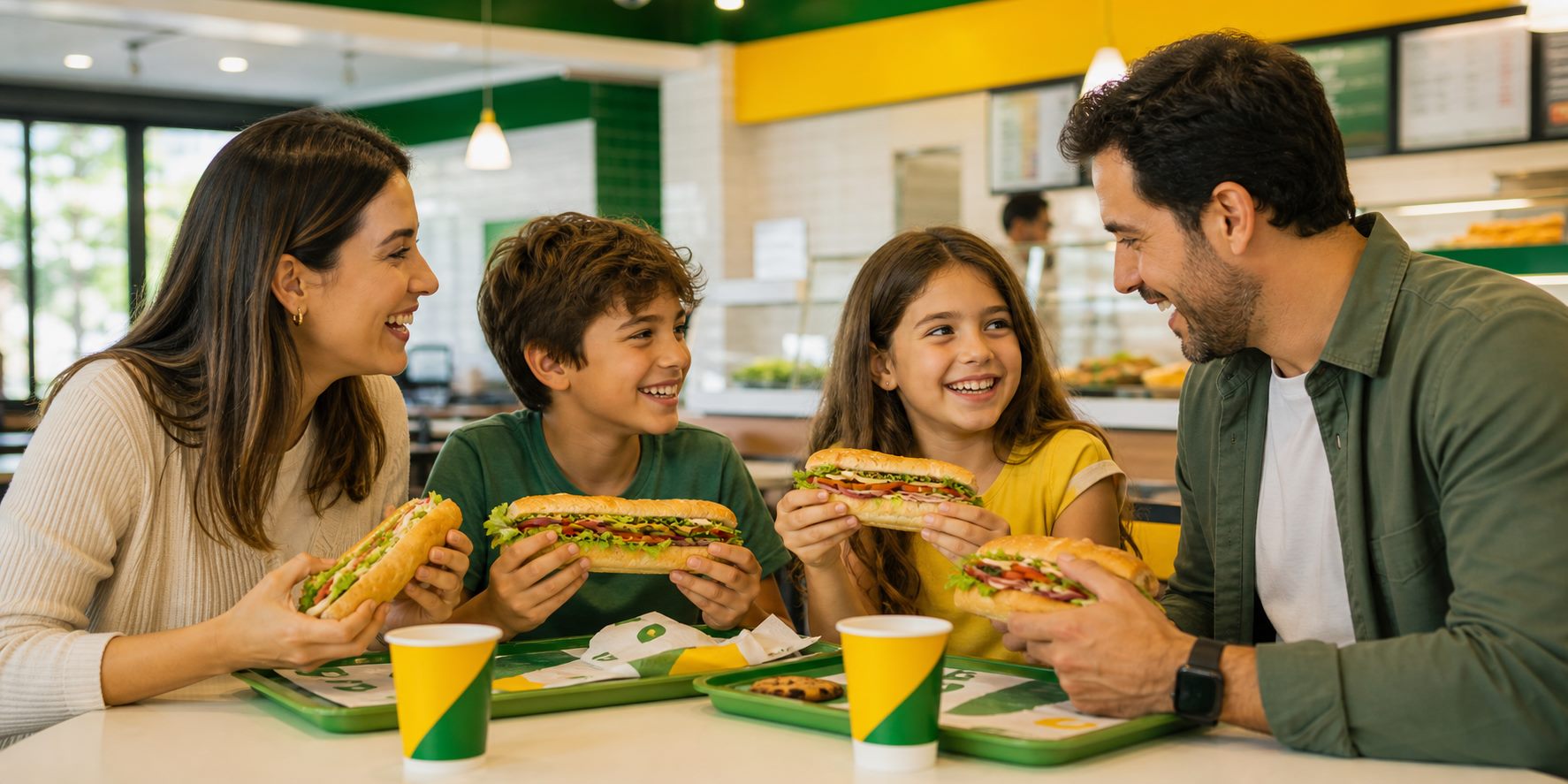 Família comendo sanduíches em uma loja FreshWay